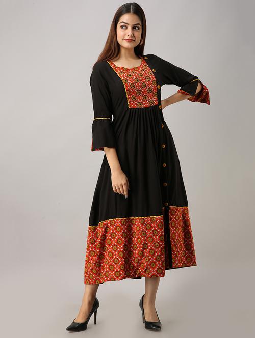 printed contrast yoke a-line ethnic dress  - 16970430 - Very Small Image - 1