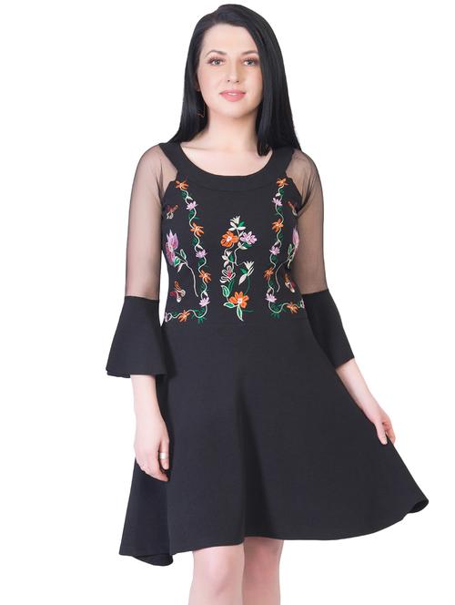 embroidered detail bell sleeved a-line dress - 16973622 - Very Small Image - 1