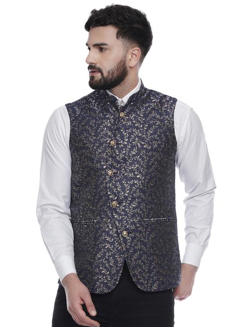 blue jacquard silk blend nehru jacket - 16973818 - Very Small Image - 1