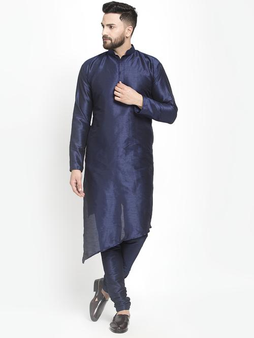 navy blue silk blend kurta pyjama set - 16981933 - Very Small Image - 1