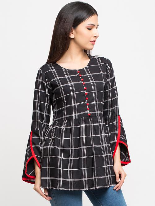 bell sleeves checkered a-line top - 16983748 - Very Small Image - 1