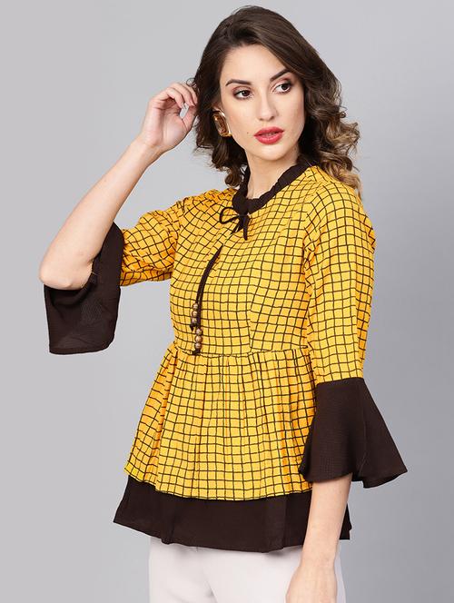 bell sleeves checkered a-line top - 16983766 - Very Small Image - 1