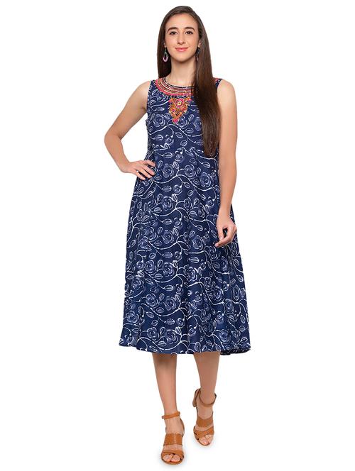 embroidered neck indigo print dress  - 16989819 - Very Small Image - 1