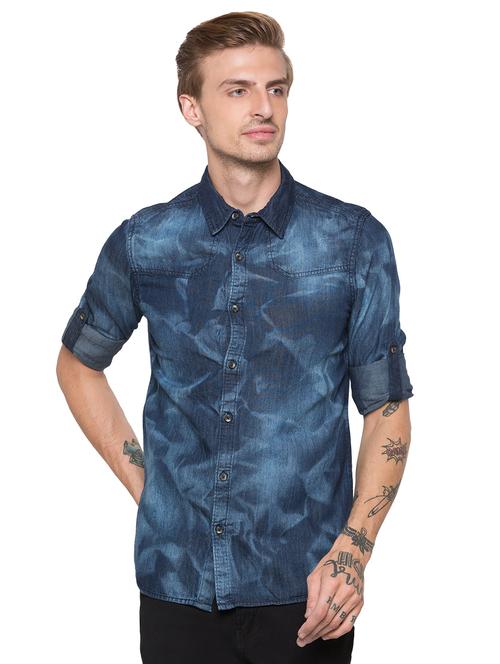 blue faded denim casual shirt - 16989913 - Very Small Image - 1