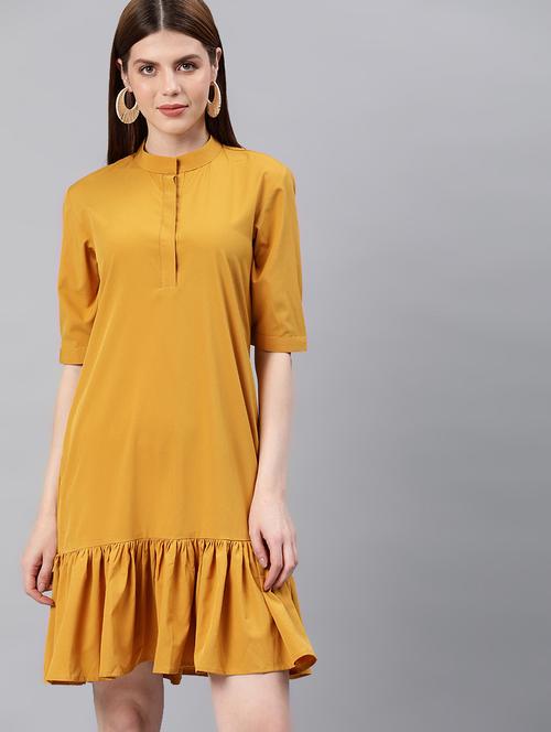 gathered hem mandarin neck shift dress - 16995910 - Very Small Image - 1