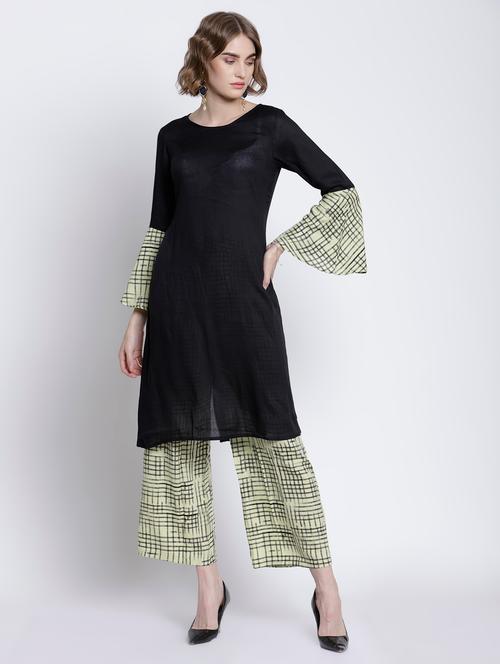 contrast bell sleeves back slit a-line kurta  - 16998825 - Very Small Image - 1