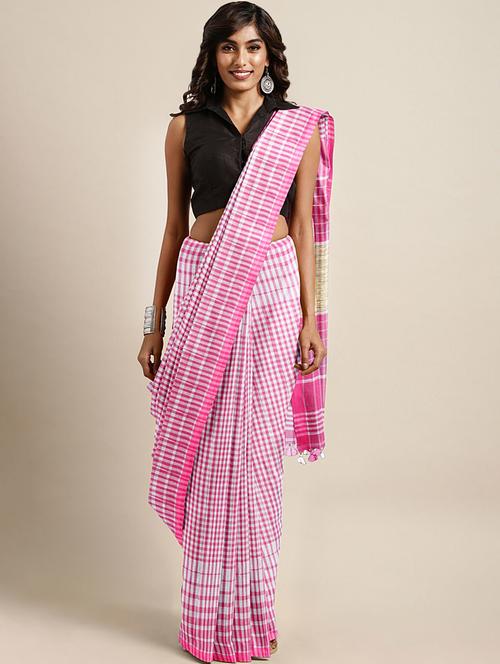checkered handloom saree with blouse - 17007591 - Very Small Image - 1