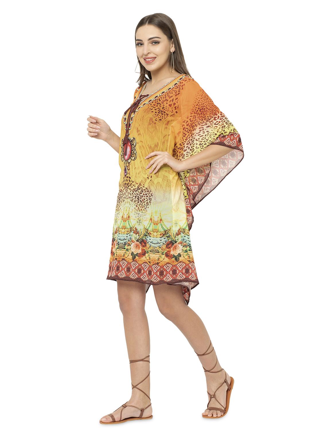 yellow relaxed fit printed tie up neck kaftan dress - 17011421 - Standard Image - 2
