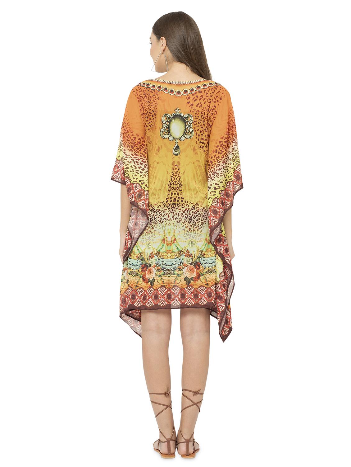 yellow relaxed fit printed tie up neck kaftan dress - 17011421 - Zoom Image - 3