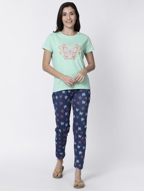 round neck printed tee with pajama set  - 17012775 - Very Small Image - 1
