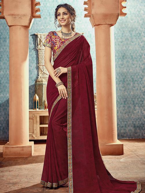 solid bordered saree with blouse - 17016762 - Very Small Image - 1