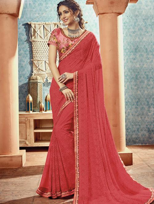solid bordered saree with blouse - 17016768 - Very Small Image - 1