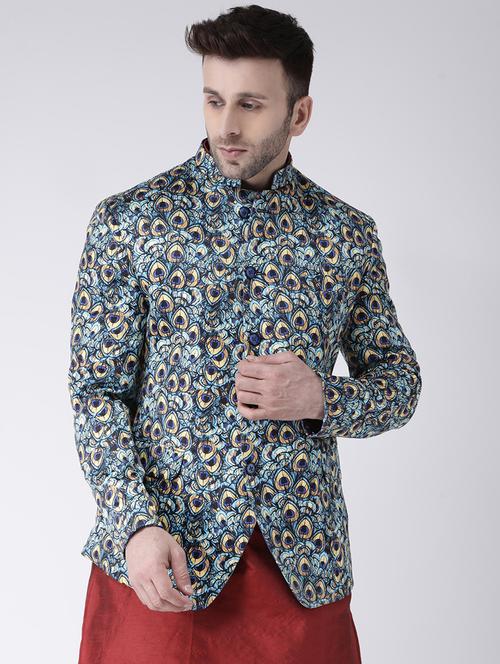 blue printed bandhgala casual blazer - 17063757 - Very Small Image - 1