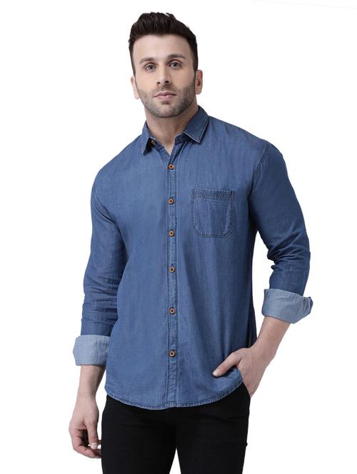 men's blue cotton blend casual denim shirt - 17063811 - Very Small Image - 1