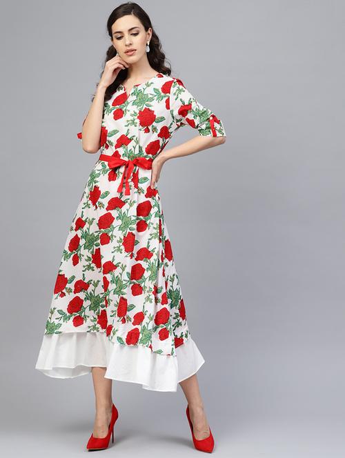 women white floral printed short sleeve layered ethnic dress - 17072271 - Very Small Image - 1