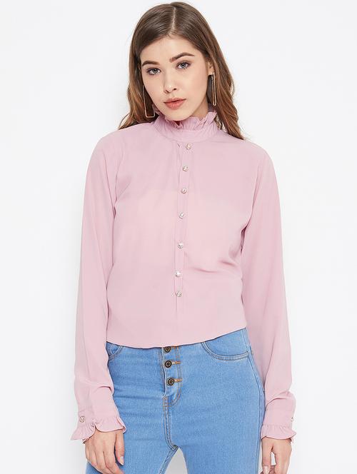 frilled mock neck button detail top  - 17080787 - Very Small Image - 1