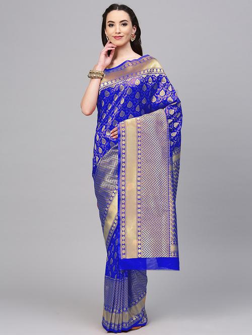 women's self design royal blue colored saree with blouse - 17084006 - Very Small Image - 1