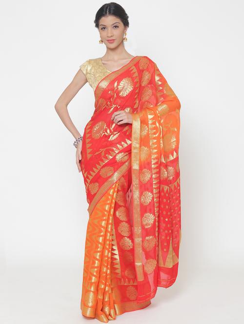 women's self design orange colored saree with blouse - 17084041 - Very Small Image - 1