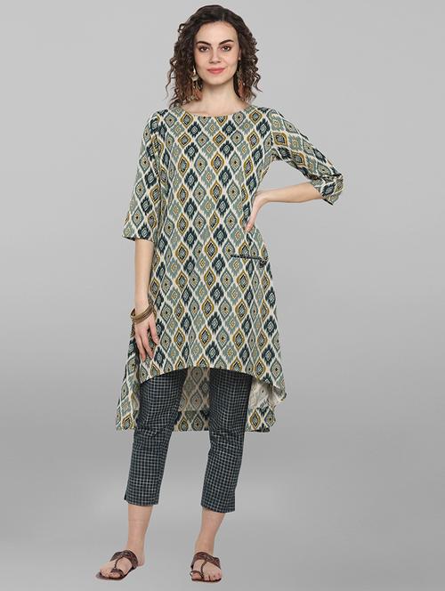 turquoise cotton kurta pant  set - 17085880 - Very Small Image - 1