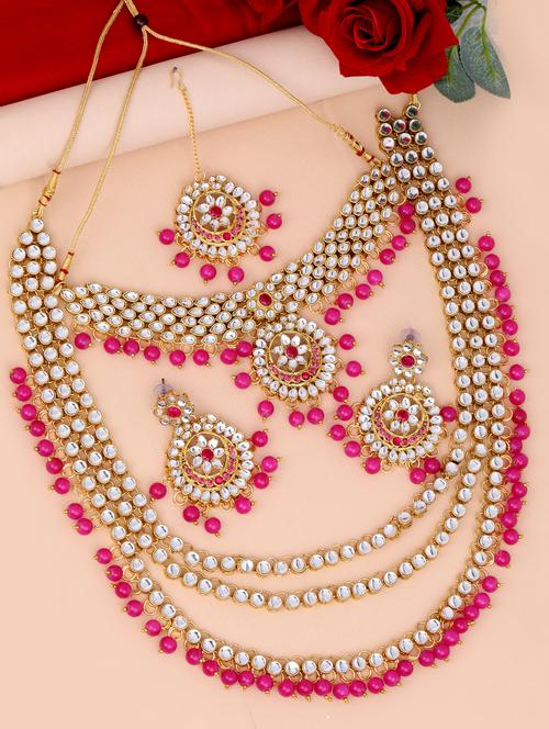 pink gold plated necklaces and earring with maangtikka - 17088809 - Very Small Image - 1