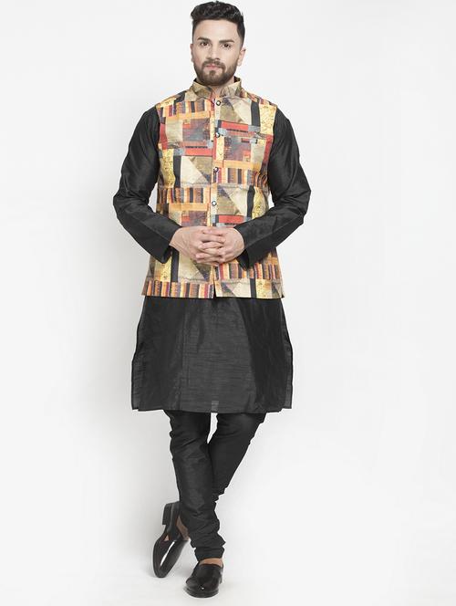 black silk blend kurta pyjama set with yellow printed nehru jacket - 17095254 - Very Small Image - 1