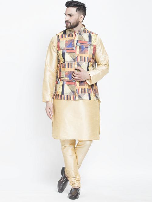 beige solid silk blend kurta pyjama set with yellow printed nehru jacket - 17095301 - Very Small Image - 1