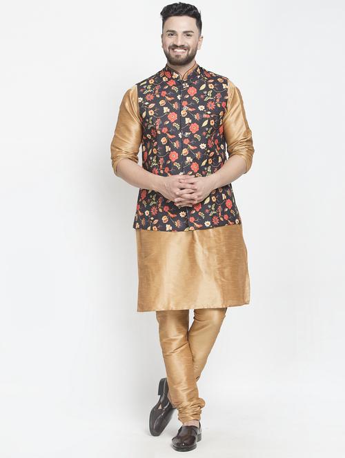 beige silk blend kurta pyjama set with black printed nehru jacket - 17095491 - Very Small Image - 1
