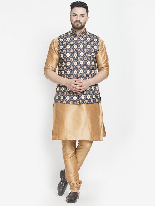 beige silk blend kurta pyjama set with black printed nehru jacket - 17095493 - Very Small Image - 1