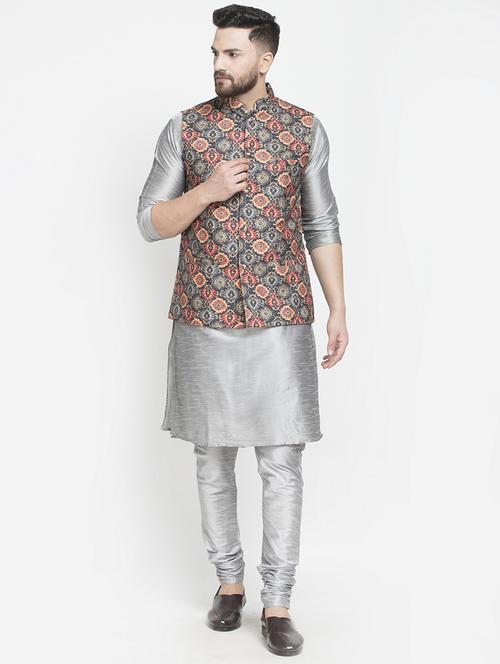 silver silk blend kurta pyjama set with black printed nehru jacket - 17095509 - Very Small Image - 1