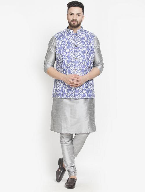 silver silk blend kurta pyjama set with white printed nehru jacket - 17095510 - Very Small Image - 1