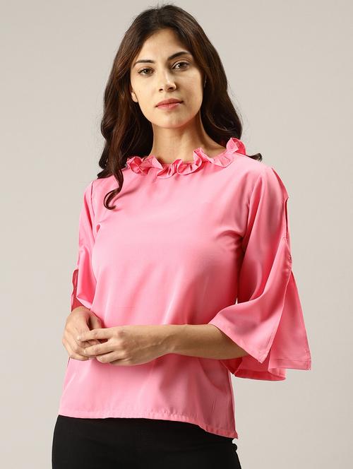 slit sleeves flounce neck top - 17096309 - Very Small Image - 1