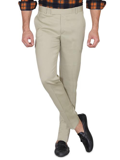 beige solid flat front casual trouser - 17096600 - Very Small Image - 1