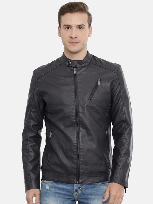 navy blue solid pu biker jacket - 17099009 - Very Small Image - 1