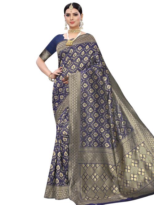 navy silk blend kanjivaram saree with blouse - 17100015 - Very Small Image - 1