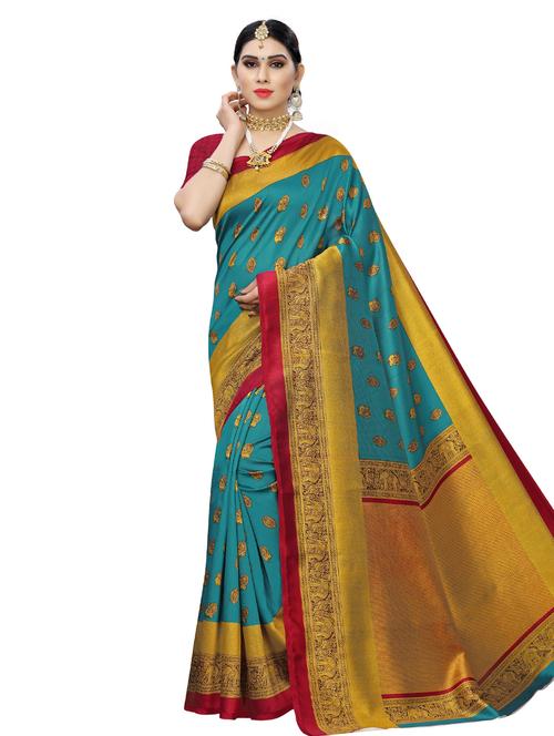 turquoise art silk printed saree with blouse - 17112620 - Very Small Image - 1