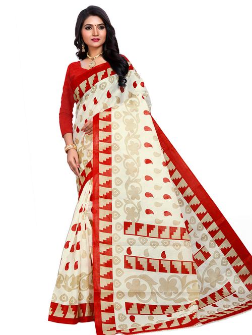 women's printed cream colored saree with blouse - 17112815 - Very Small Image - 1