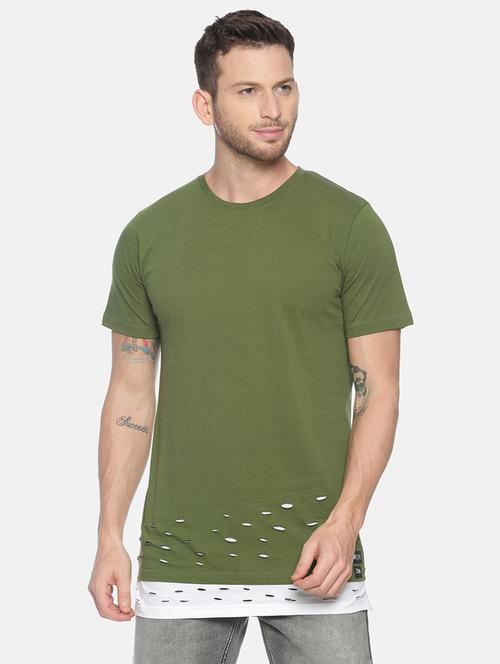 olive green color block ripped t-shirt - 17119446 - Very Small Image - 1