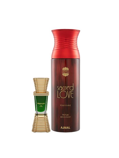 ajmal majmua cp alcohol-free attar 10ml for unisex and sacred love deodorant musky 200ml for women + 2 parfum testers free - 17120617 - Very Small Image - 1