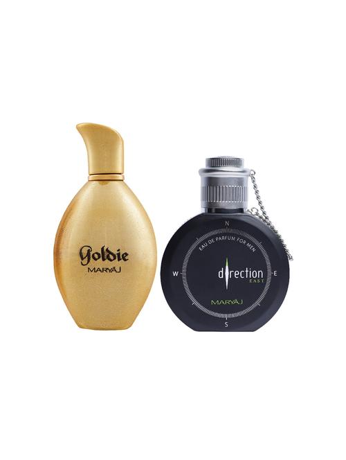 maryaj goldie edp perfume 100ml for women and maryaj direction east edp spicy perfume 100ml for men+ 2 parfum testers free - 17121212 - Very Small Image - 1
