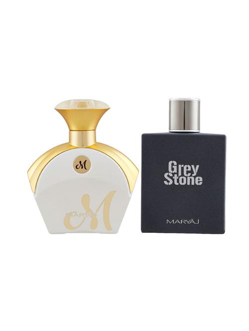 maryaj m white for her edp 90ml for women and maryaj grey stone edp aromatic 100ml for men + 2 parfum testers free - 17121395 - Very Small Image - 1