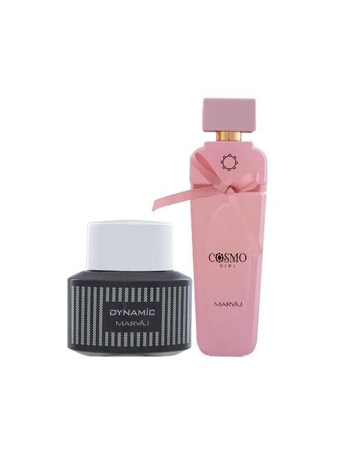 maryaj dynamic edp spicy 100ml for men and maryaj cosmo girl edp powdery 100ml for women+ 2 parfum testers free - 17121526 - Very Small Image - 1