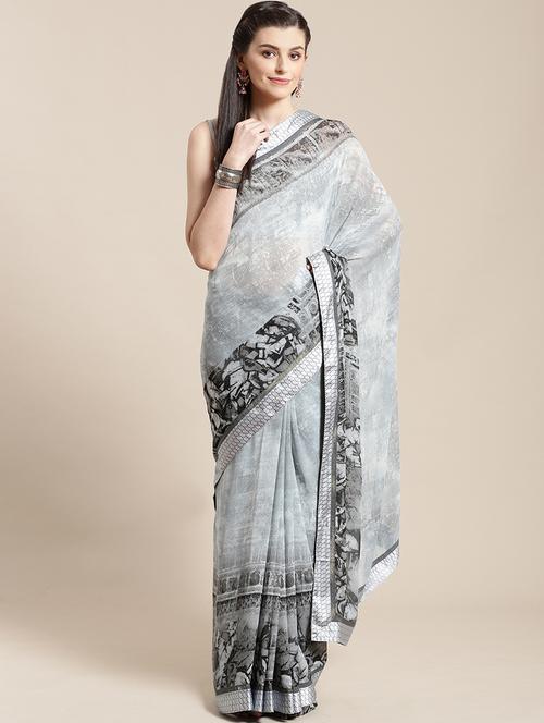 printed woven saree with blouse - 17134831 - Very Small Image - 1