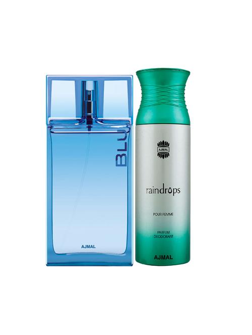 ajmal blu edp aquatic woody perfume 90ml for men and raindrops femme deodorant chypre 200ml for women+ 2 parfum testers free - 17137760 - Very Small Image - 1