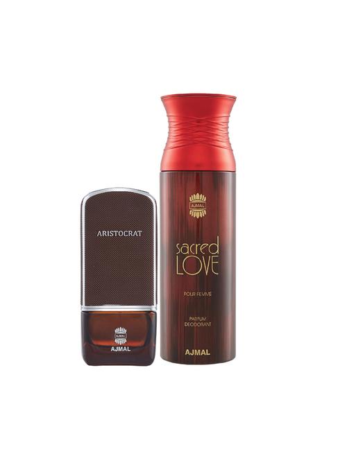 ajmal aristocrat edp woody perfume 75ml for men and sacred love deodorant musky 200ml for women+ 2 parfum testers free - 17137925 - Very Small Image - 1