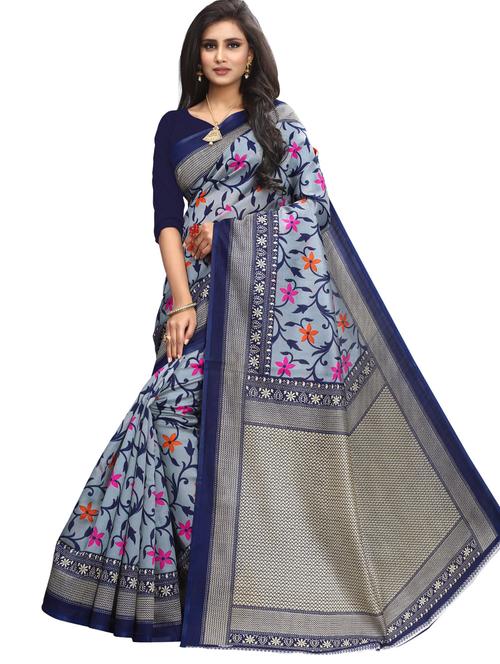 women's printed navy blue colored saree with blouse - 17144059 - Very Small Image - 1