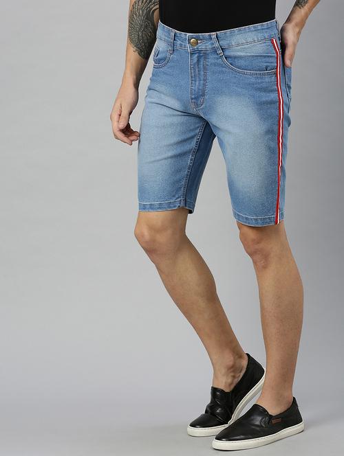 light blue side striped washed denim shorts - 17147426 - Very Small Image - 1