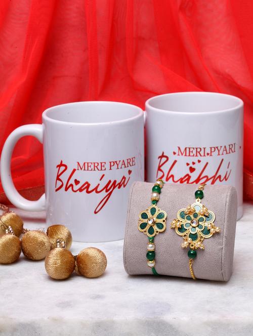  gold-plated beaded floral rakhi & lumba bracelet with bhaiya & bhabhi mugs - 17148645 - Very Small Image - 1