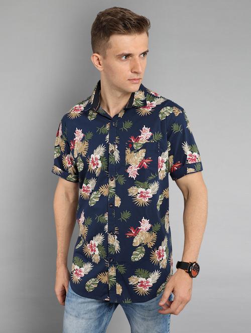 navy blue floral print casual shirt - 17149213 - Very Small Image - 1