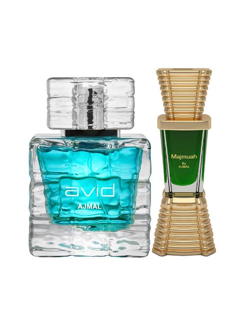 ajmal avid edp 75ml for men and majmua concentrated oil oriental alcohol-free attar 10ml for unisex + 2 parfum testers free - 17150025 - Very Small Image - 1