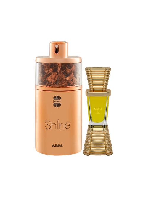 ajmal shine edp powdery 75ml for women and selfie concentrated oil alcohol-free attar 10ml for men + 2 parfum testers free - 17150165 - Very Small Image - 1